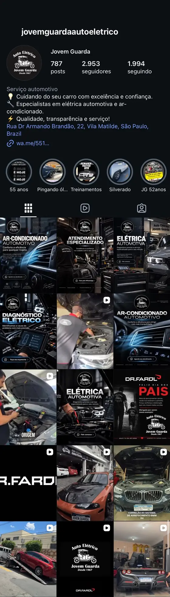 Perfil @jovemguardaautoeletrico no Instagram: 787 posts, 2.953 seguidores, bio com o endereço na Vila Matilde e grade de posts sobre ar-condicionado, diagnóstico elétrico e carros atendidos
